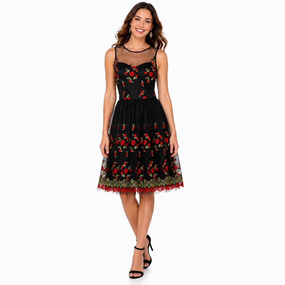 Mystic Embroidered Cocktail Dress Size Medium Black Red Romantic Party Wedding